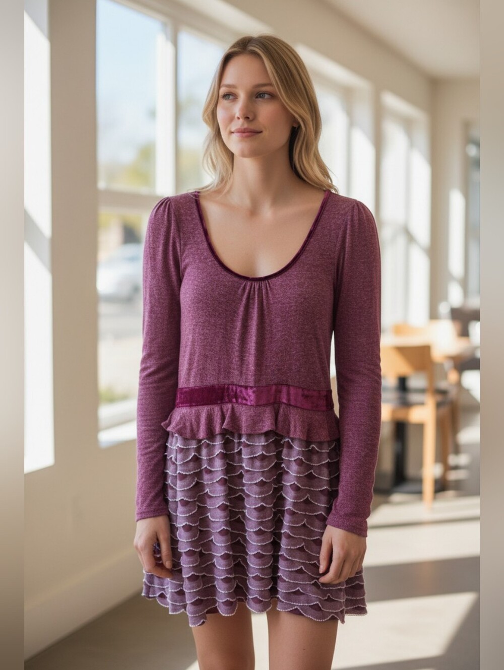 A'reve Long-Sleeve Mini Ruffle Dress Featuring a Velvet-Like Waist Accent